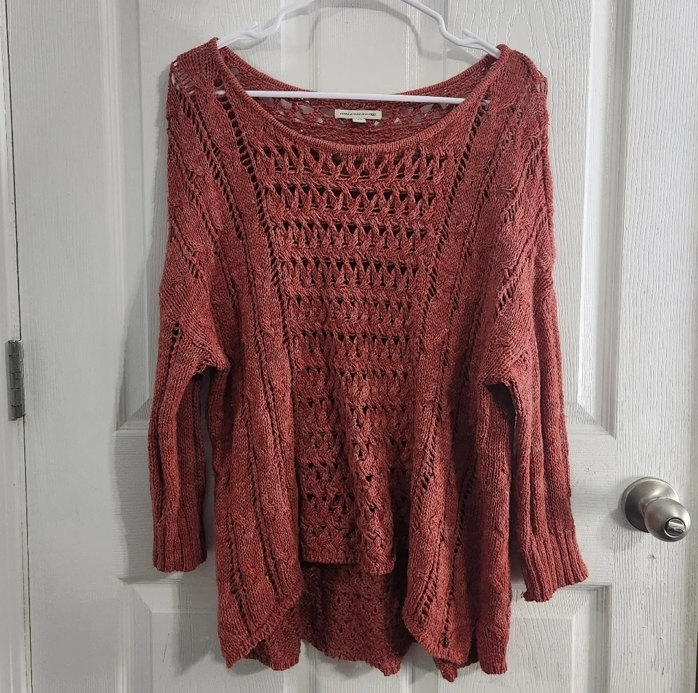 Vintage American Eagle open knit burnt orange sweater 90s y2k cotton stretch LG